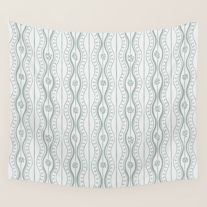 Wavy lines and tiny blooms - dusty mint pastel green pattern Wall Tapestry Gallery Image 4