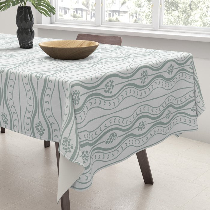 Wavy lines and tiny blooms - dusty mint pastel green pattern Tablecloth Gallery Image 3