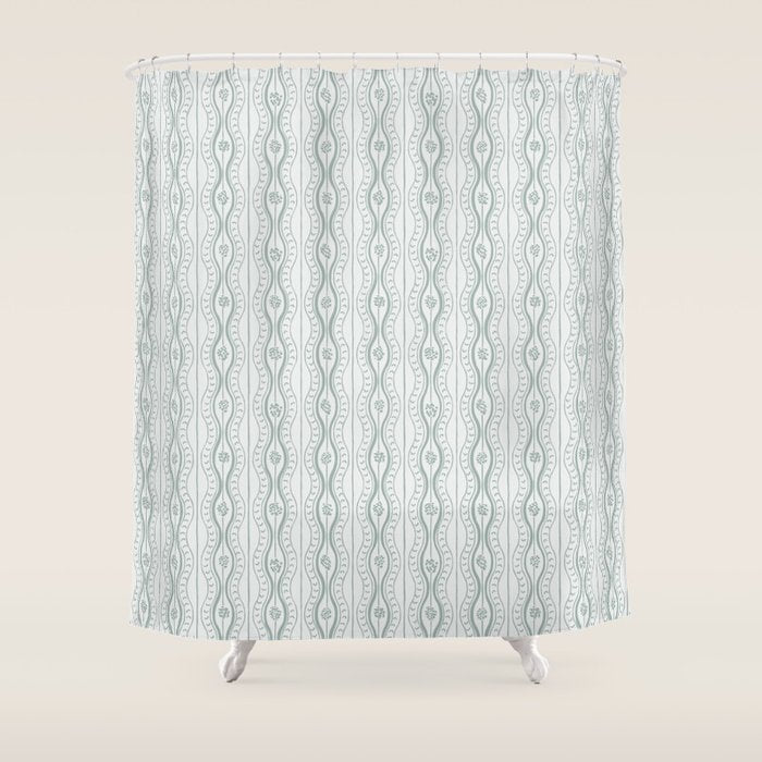 Wavy lines and tiny blooms - dusty mint pastel green pattern Shower Curtain Gallery Image 1