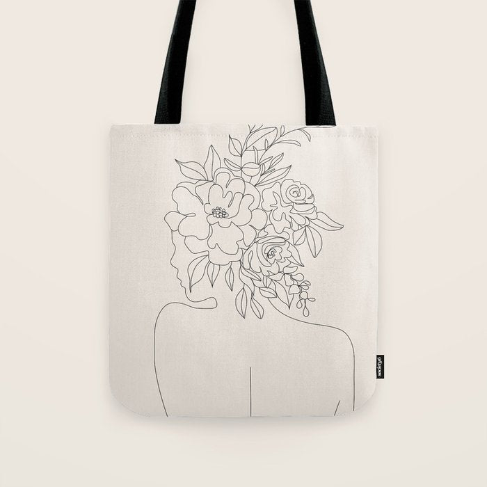 Woman with Flowers Minimal Line I Tote Bag Gallery Image 1