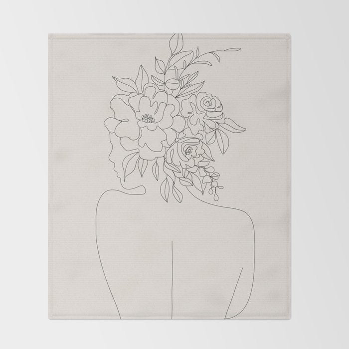 Woman with Flowers Minimal Line I Throw Blanket Gallery Image 2