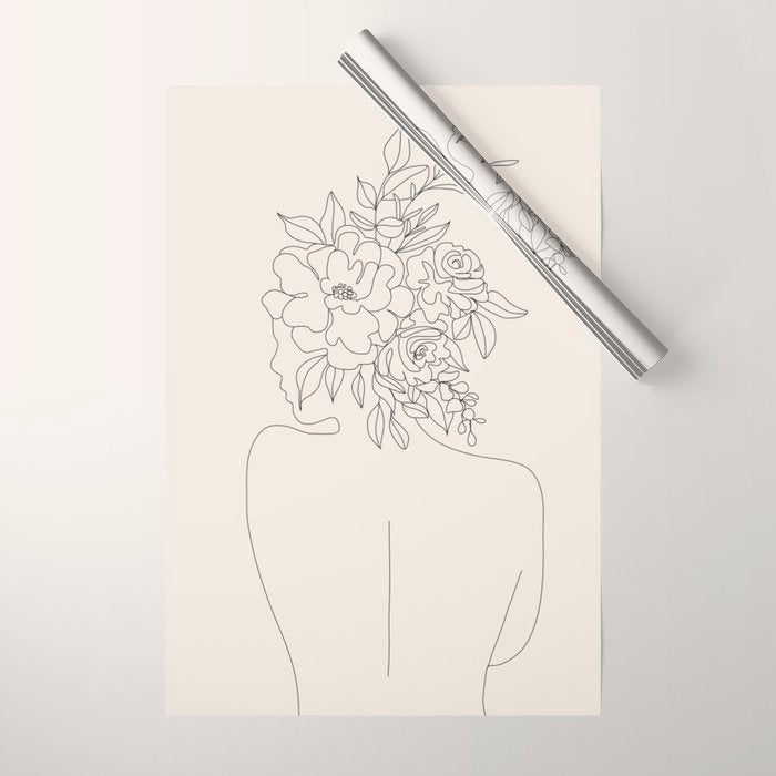 Woman with Flowers Minimal Line I Wrapping Paper Gallery Image 1