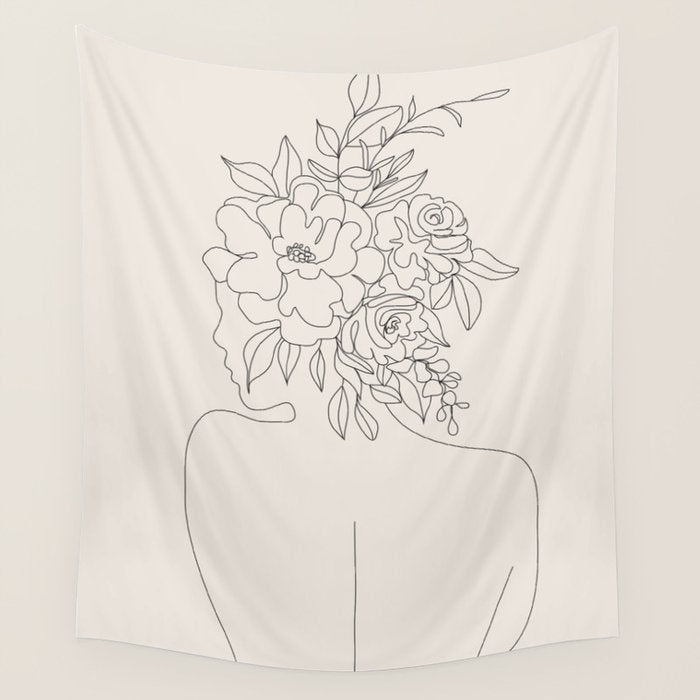 Woman with Flowers Minimal Line I Wall Tapestry Gallery Image 4