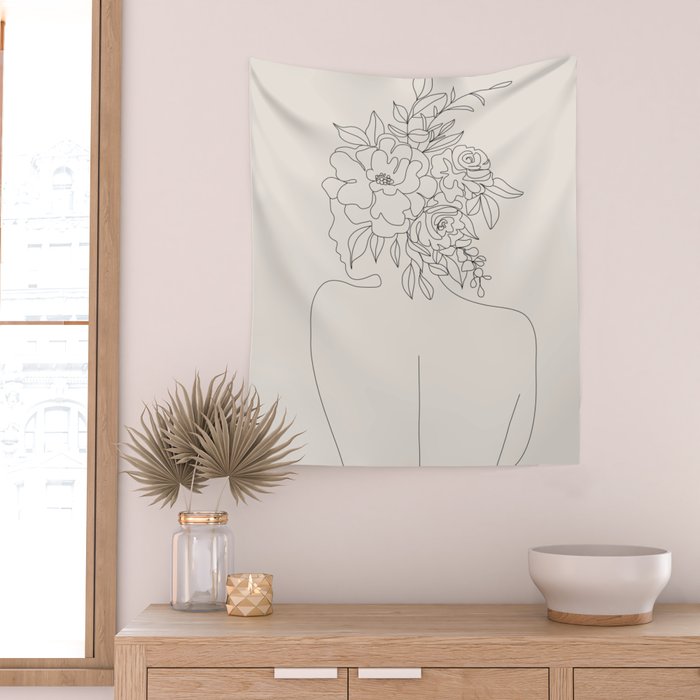 Woman with Flowers Minimal Line I Wall Tapestry Gallery Image 2