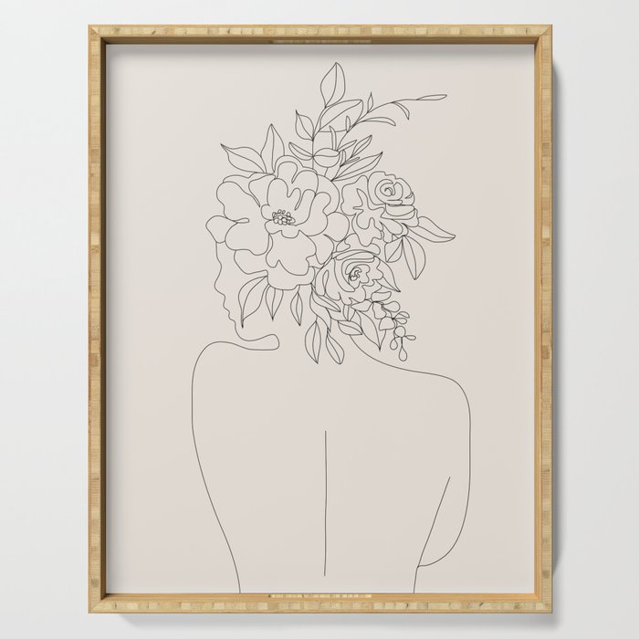 Woman with Flowers Minimal Line I Serving Tray Gallery Image 1
