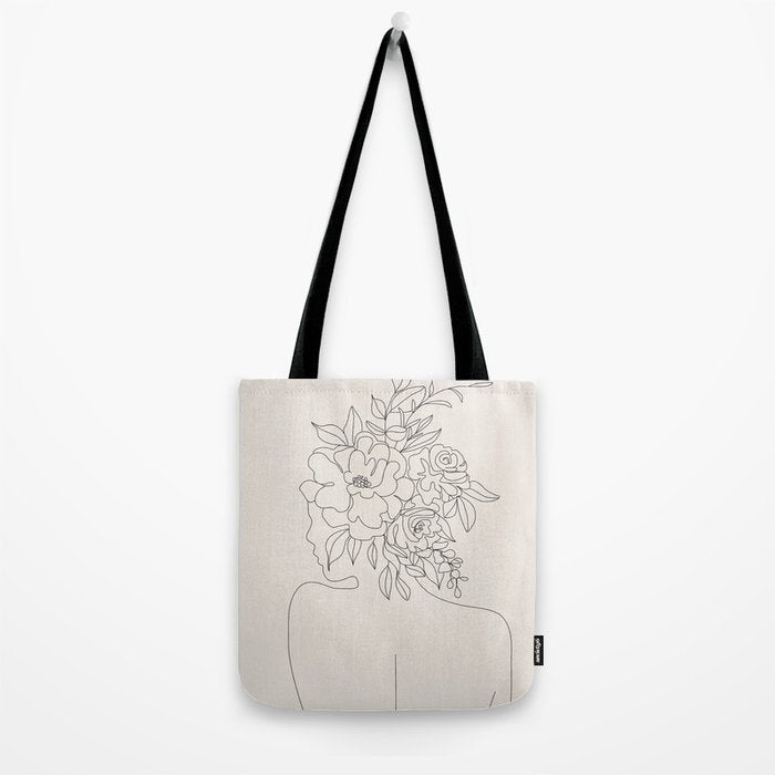 Woman with Flowers Minimal Line I Tote Bag Gallery Image 2