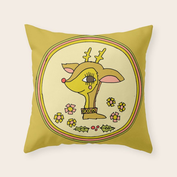 vintage reindeer christmas cheer // retro art by surfy birdy Throw Pillow Gallery Image 1
