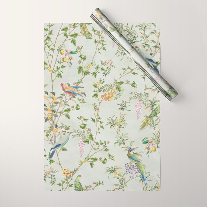 Floral Garden Climbing Vines and Chinoiserie Birds on mint Wrapping Paper Gallery Image 1