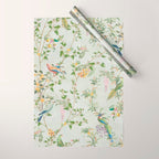 Floral Garden Climbing Vines and Chinoiserie Birds on mint Wrapping Paper Gallery Image 1