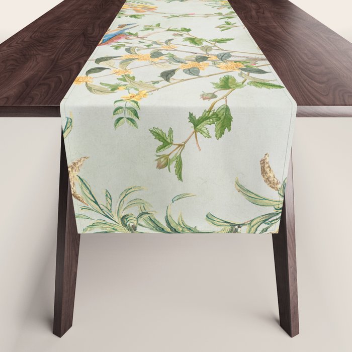 Floral Garden Climbing Vines and Chinoiserie Birds on mint Table Runner Gallery Image 1