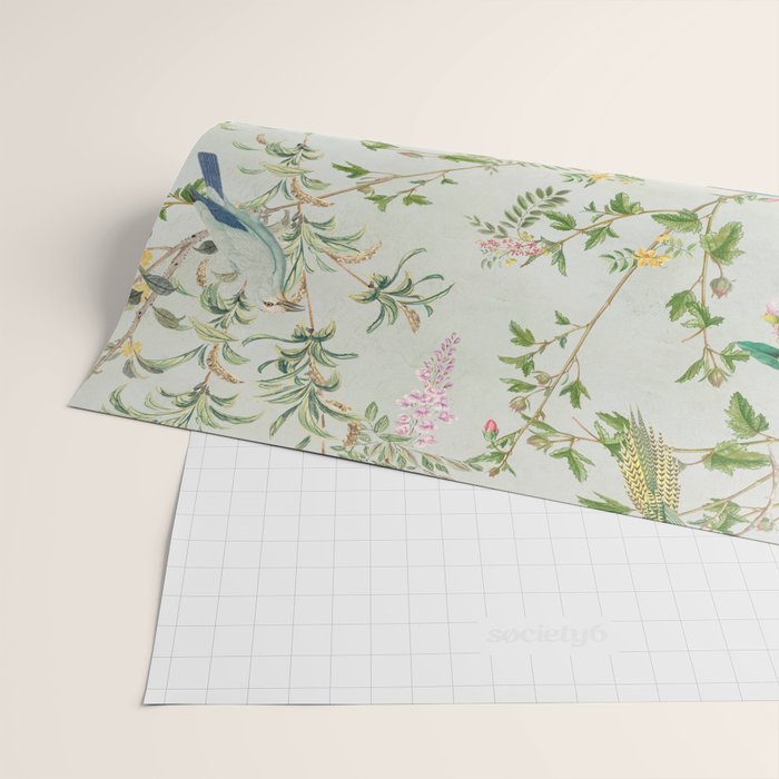 Floral Garden Climbing Vines and Chinoiserie Birds on mint Wrapping Paper Gallery Image 2