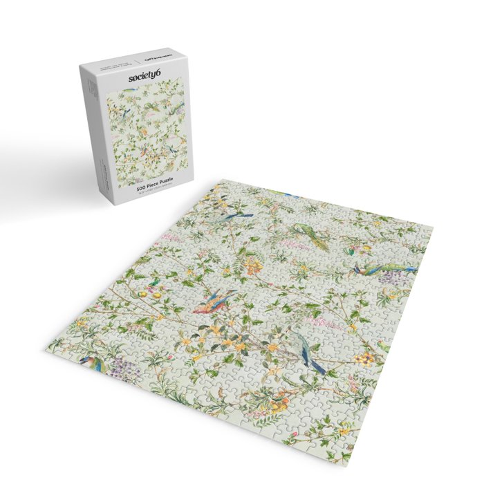 Floral Garden Climbing Vines and Chinoiserie Birds on mint Jigsaw Puzzle Gallery Image 2