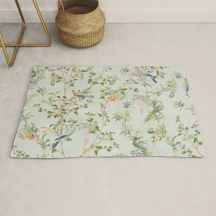 Floral Garden Climbing Vines and Chinoiserie Birds on mint Rug Gallery Image 1