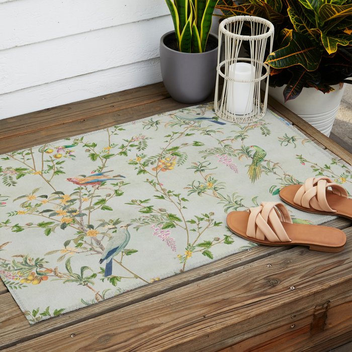 Floral Garden Climbing Vines and Chinoiserie Birds on mint Outdoor Rug Gallery Image 2