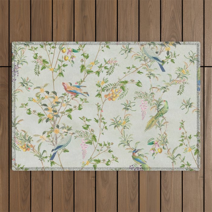 Floral Garden Climbing Vines and Chinoiserie Birds on mint Outdoor Rug Gallery Image 1