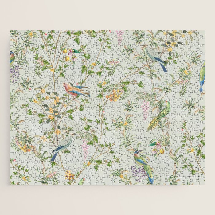 Floral Garden Climbing Vines and Chinoiserie Birds on mint Jigsaw Puzzle Gallery Image 1