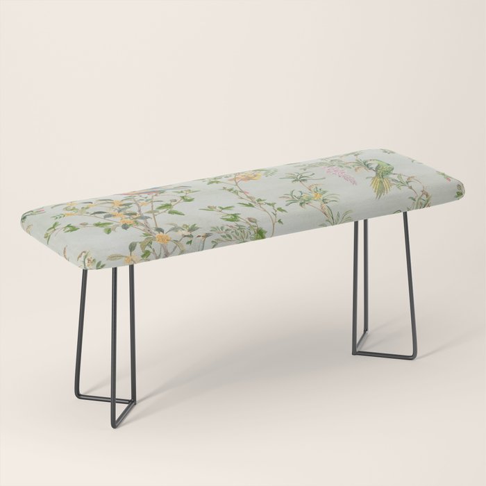 Floral Garden Climbing Vines and Chinoiserie Birds on mint Bench Gallery Image 1