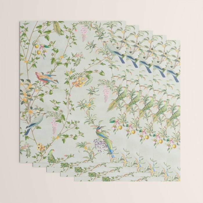 Floral Garden Climbing Vines and Chinoiserie Birds on mint Wrapping Paper Gallery Image 3