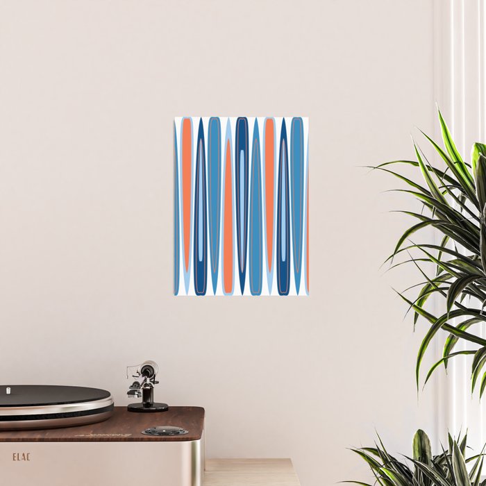 Mid Century Modern Vintage Inspired Stripes in Classic Blues and Muted Orange Poster Gallery Image 2