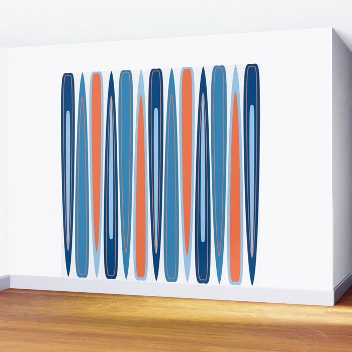 Mid Century Modern Vintage Inspired Stripes in Classic Blues and Muted Orange Wall Mural Gallery Image 2