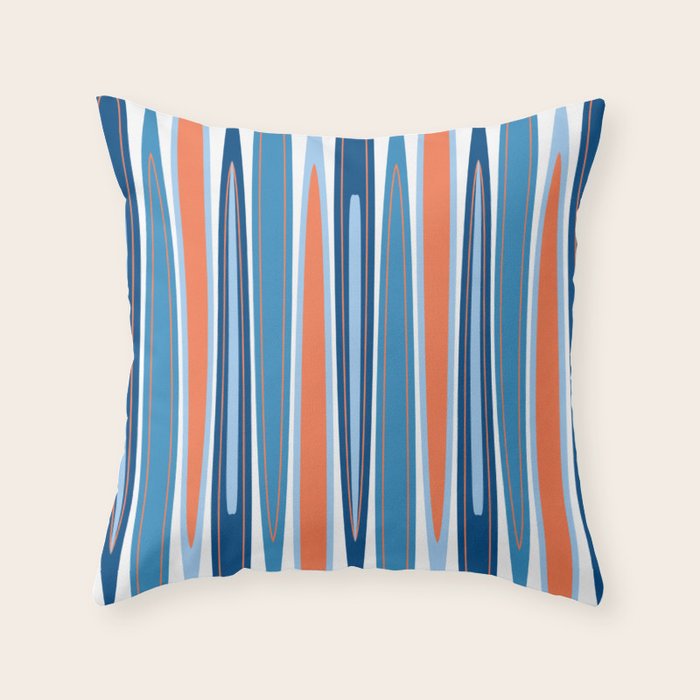 Mid Century Modern Vintage Inspired Stripes in Classic Blues and Muted Orange Throw Pillow Gallery Image 6