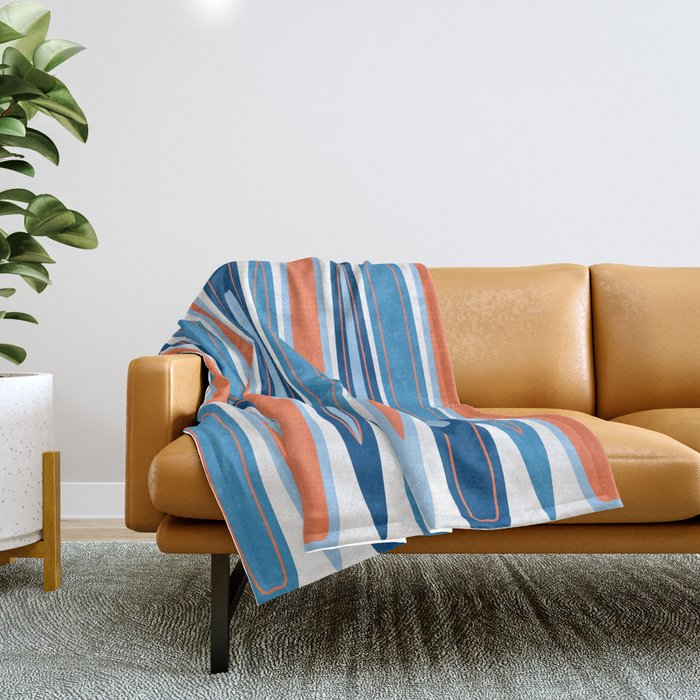 Mid Century Modern Vintage Inspired Stripes in Classic Blues and Muted Orange Throw Blanket Gallery Image 1