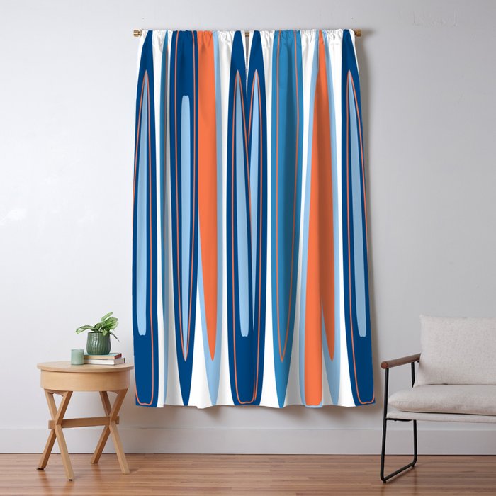 Mid Century Modern Vintage Inspired Stripes in Classic Blues and Muted Orange Window Curtain Gallery Image 1