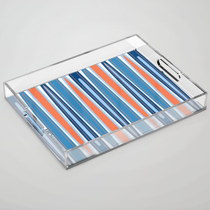 Mid Century Modern Vintage Inspired Stripes in Classic Blues and Muted Orange Acrylic Tray Gallery Image 1