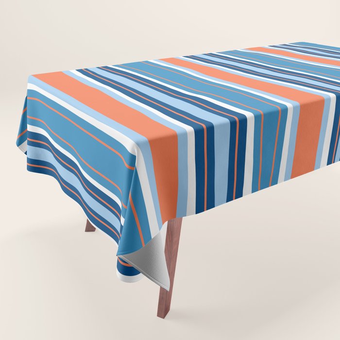 Mid Century Modern Vintage Inspired Stripes in Classic Blues and Muted Orange Tablecloth