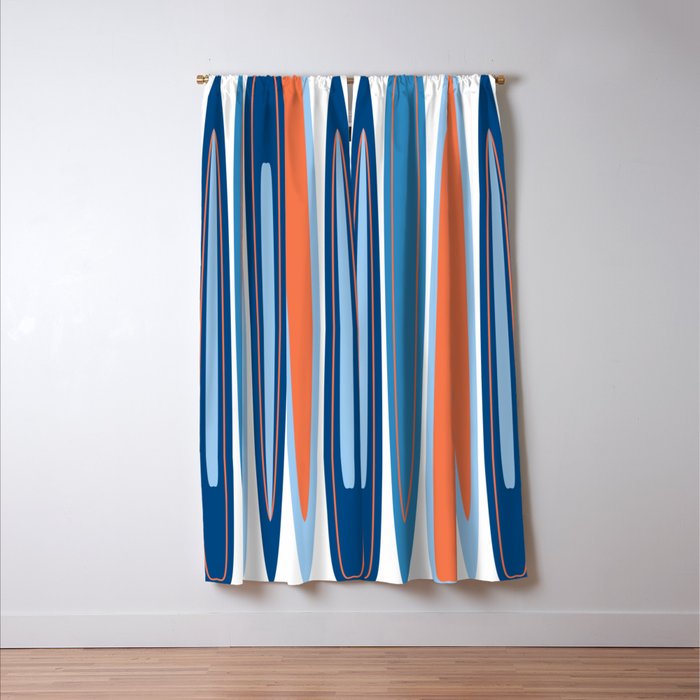 Mid Century Modern Vintage Inspired Stripes in Classic Blues and Muted Orange Window Curtain Gallery Image 3