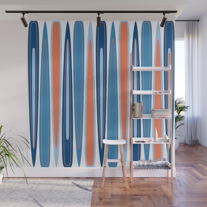 Mid Century Modern Vintage Inspired Stripes in Classic Blues and Muted Orange Wall Mural Gallery Image 1