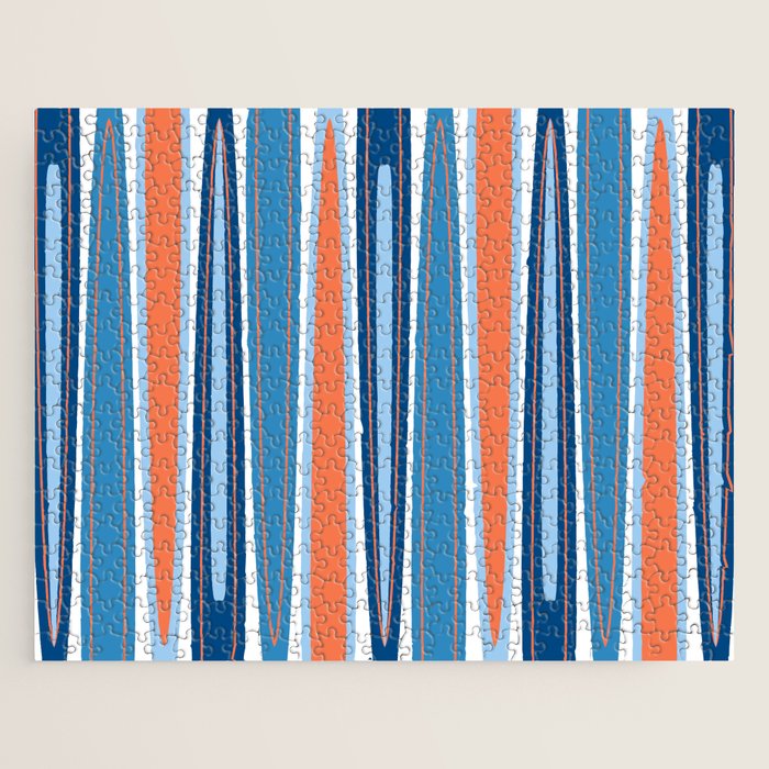 Mid Century Modern Vintage Inspired Stripes in Classic Blues and Muted Orange Jigsaw Puzzle Gallery Image 1