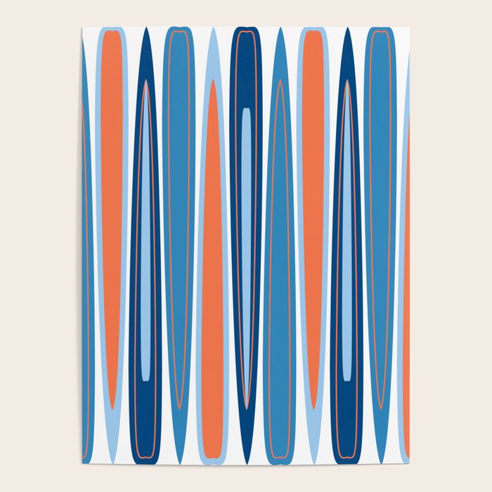 Mid Century Modern Vintage Inspired Stripes in Classic Blues and Muted Orange Poster Gallery Image 1