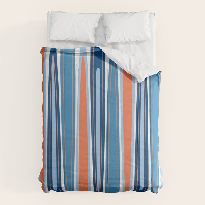 Mid Century Modern Vintage Inspired Stripes in Classic Blues and Muted Orange Comforter Gallery Image 1