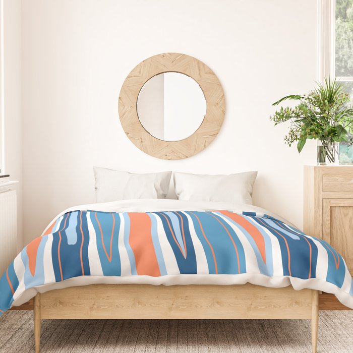 Mid Century Modern Vintage Inspired Stripes in Classic Blues and Muted Orange Duvet Cover Gallery Image 3