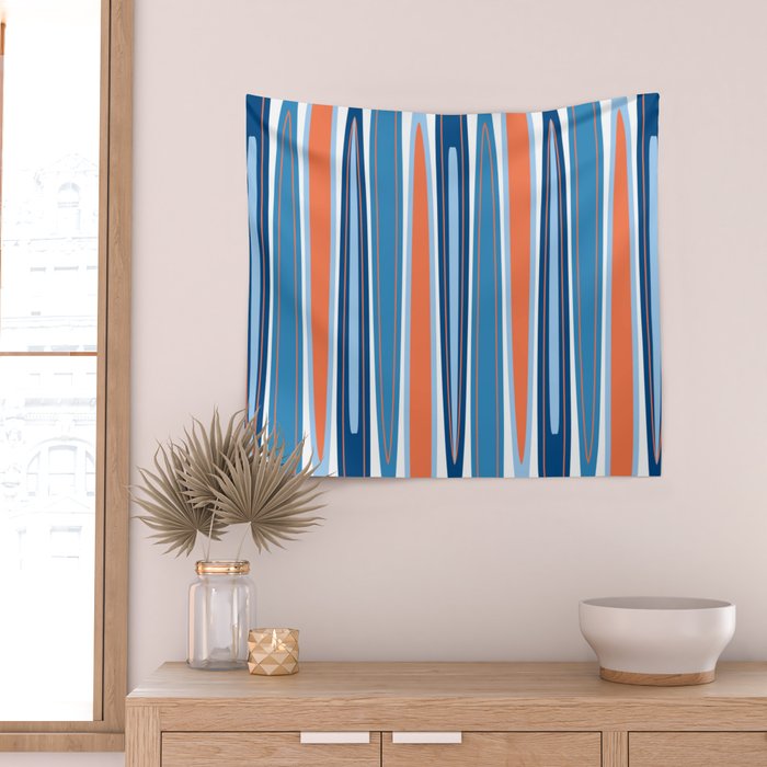 Mid Century Modern Vintage Inspired Stripes in Classic Blues and Muted Orange Wall Tapestry Gallery Image 2