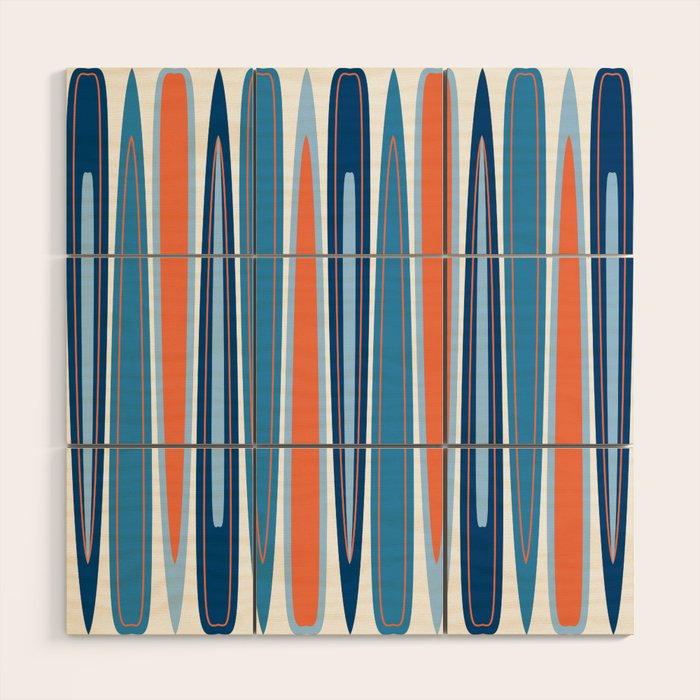Mid Century Modern Vintage Inspired Stripes in Classic Blues and Muted Orange Wood Wall Art Gallery Image 1
