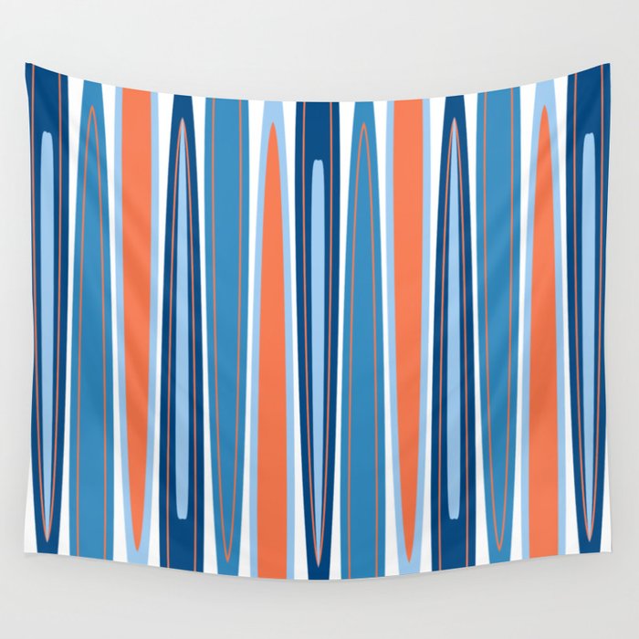 Mid Century Modern Vintage Inspired Stripes in Classic Blues and Muted Orange Wall Tapestry Gallery Image 1