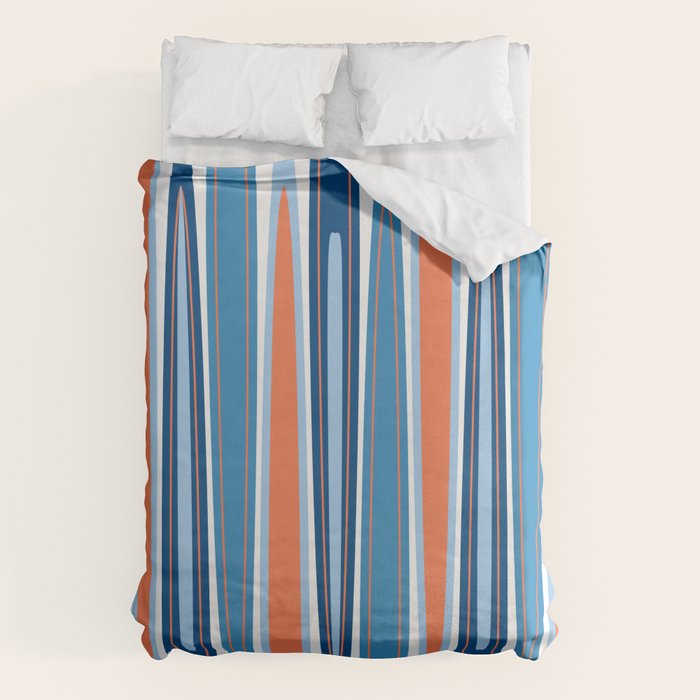 Mid Century Modern Vintage Inspired Stripes in Classic Blues and Muted Orange Duvet Cover Gallery Image 6