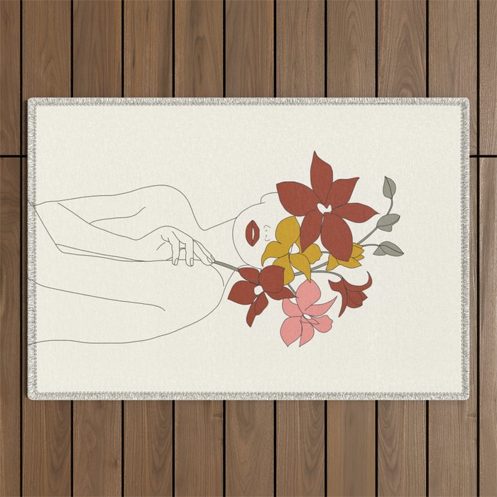 Colorful Thoughts Minimal Line Art Woman with Orchids Outdoor Rug Gallery Image 1
