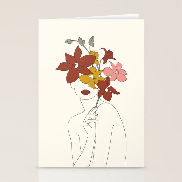 Colorful Thoughts Minimal Line Art Woman with Orchids Stationery Card Gallery Image 2