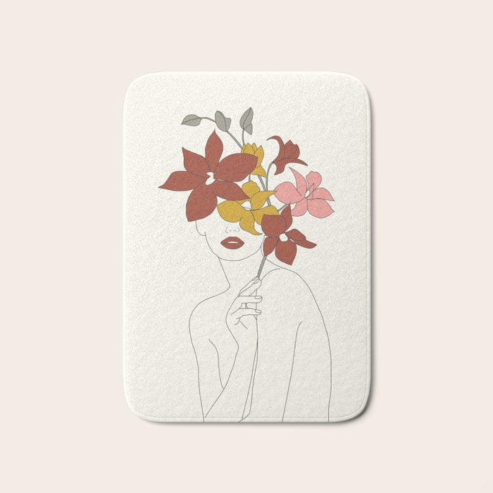 Colorful Thoughts Minimal Line Art Woman with Orchids Bath Mat Gallery Image 1