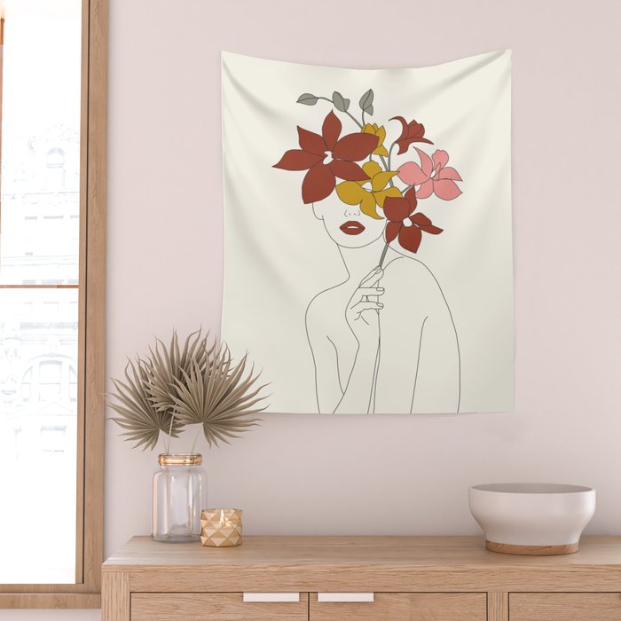 Colorful Thoughts Minimal Line Art Woman with Orchids Wall Tapestry Gallery Image 2
