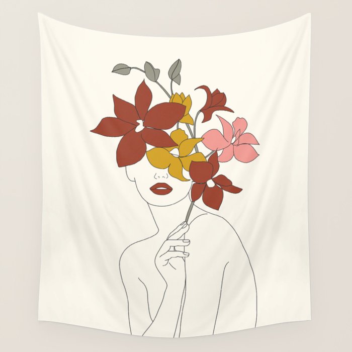 Colorful Thoughts Minimal Line Art Woman with Orchids Wall Tapestry Gallery Image 4