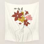 Colorful Thoughts Minimal Line Art Woman with Orchids Wall Tapestry Gallery Image 4