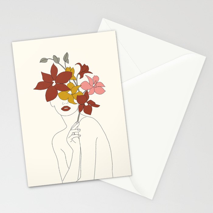 Colorful Thoughts Minimal Line Art Woman with Orchids Stationery Card Gallery Image 2