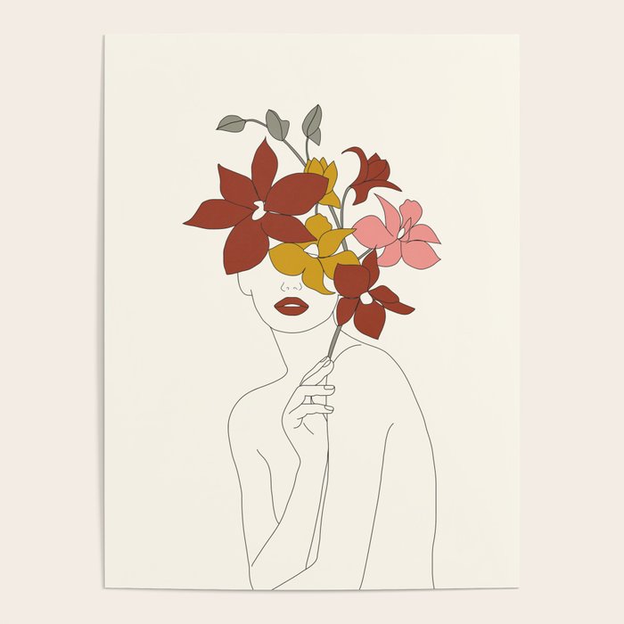 Colorful Thoughts Minimal Line Art Woman with Orchids Poster Gallery Image 1