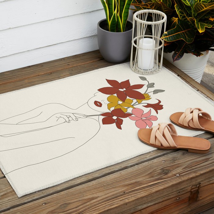 Colorful Thoughts Minimal Line Art Woman with Orchids Outdoor Rug Gallery Image 2