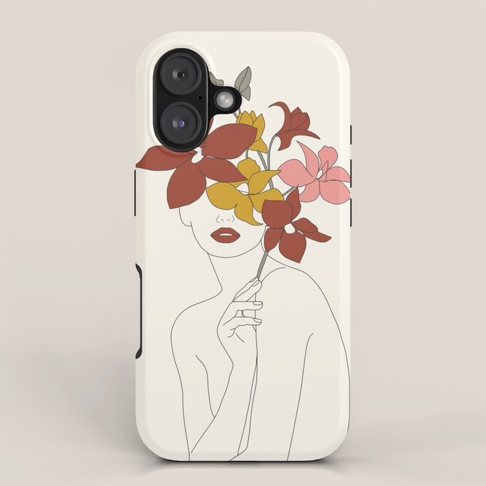 Colorful Thoughts Minimal Line Art Woman with Orchids iPhone Case Gallery Image 1