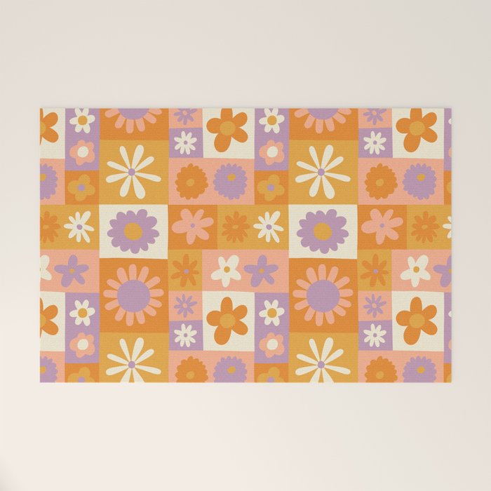Retro hippie flower mosaic checkered pattern Welcome Mat Gallery Image 1